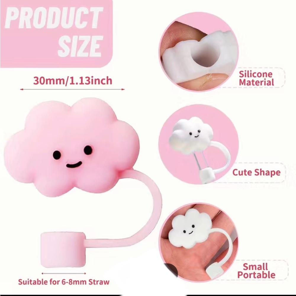 โ Reusable Silicone Cloud Straw Topper Covers - Set of 5 - Picture 3 of 8